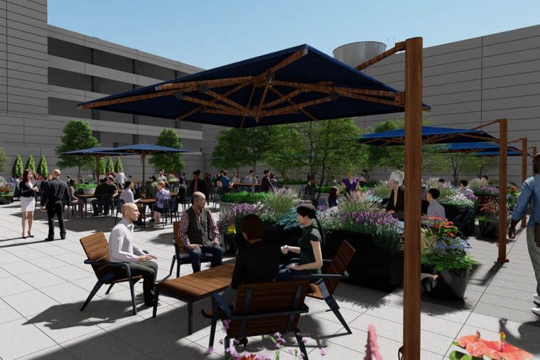 This rendering shows a large rooftop terrace on the third floor of the Neuroscience Research Building that can be used as a gathering place for employees and as an event space.