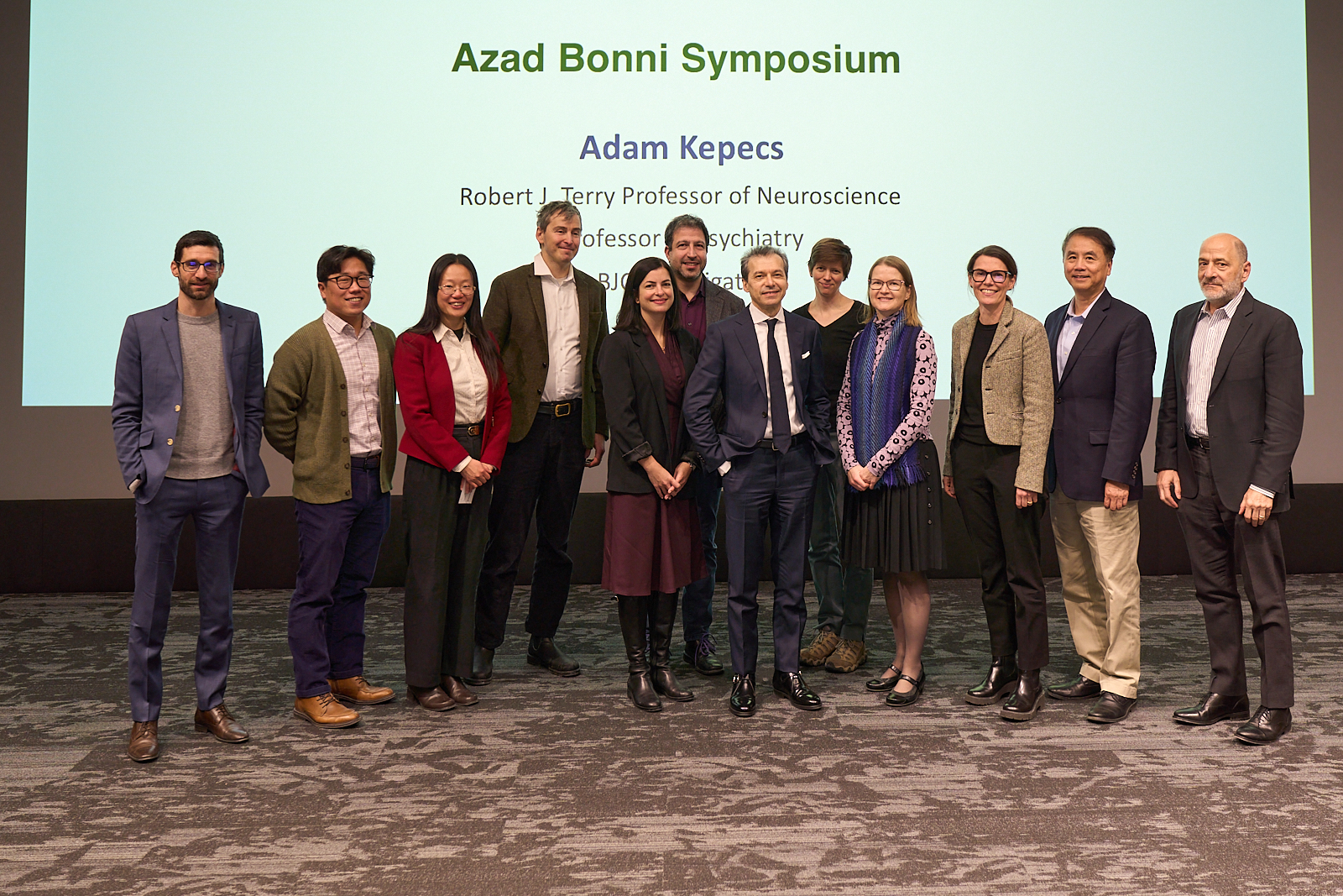 Left to right: Thomas Papouin, Jason Yi, Yao Chen, Ilya Monosov, Genevieve Konopka, Adam Kepecs, Azad Bonni, Martha Bagnall, Maria Lehtinen, Esther Becker, Yang Shi, Michael Greenberg