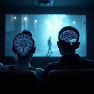 Graphic of two brains watching a movie in a darkened theater.