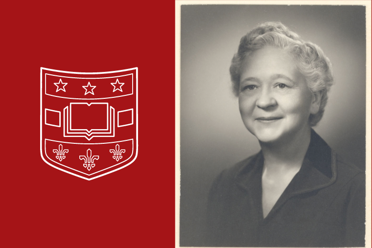 Dr. Mildred Trotter photo with image of Washington University shield on red background