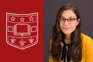 Kristen Prufrock with Washington University shield logo on red background