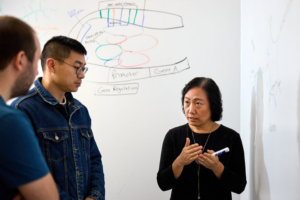 Guoyan Zhao (right) discusses research projects with research analyst Kevin Boyer (left) and postdoctoral research associate Wei Feng at Washington University School of Medicine.