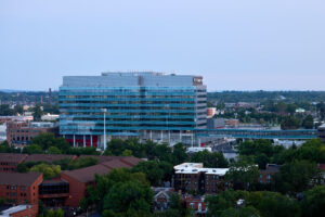 The Neuroscience Research Building is seen at dusk and evening from a high-rise on the north side of Central West End on August 29, 2023.